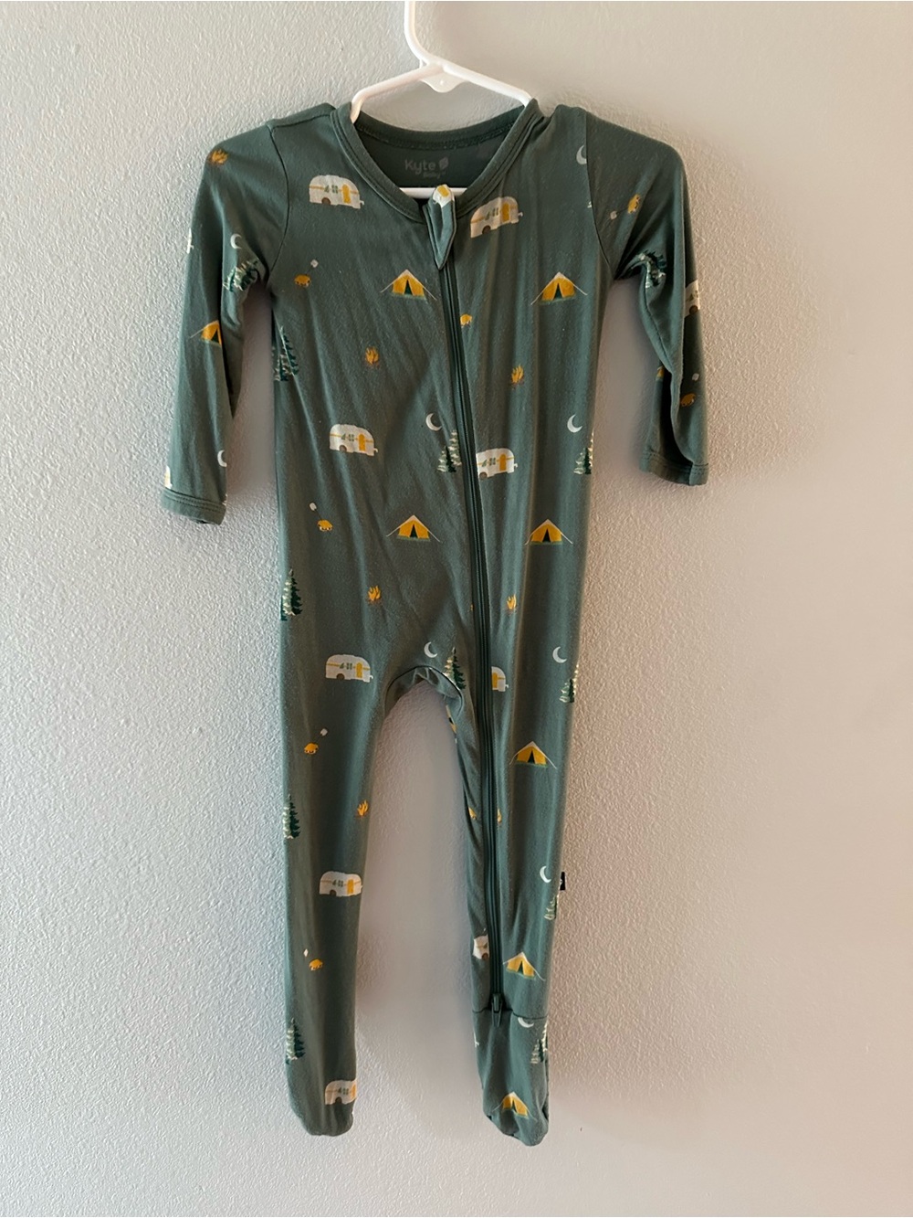 Kyte BABY Olive Green Camping Print Zip One-Piece